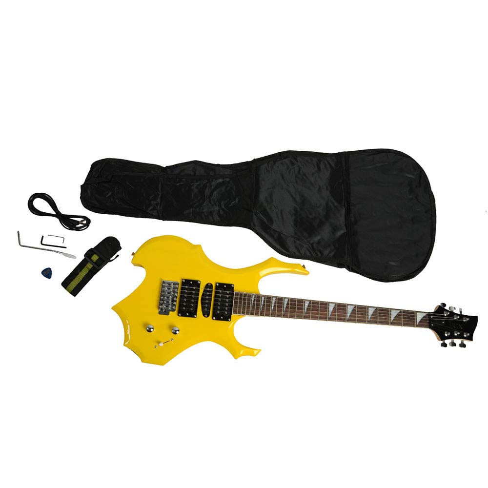 Vasitelan 36“ Beginner Flame Shaped Electric Guitar Starter Kit, w/Guitar Bag,Shoulder Strap,Amp Wire,Tremolo Arm, Plectrum (Yellow)