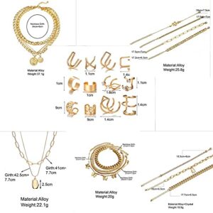 CONGYING 46 Pcs Gold Jewelry Set with 11Pcs Necklace, 11 Pcs anklet and 18 Pcs Earring Ear Cuff,6Hoop Earrings for Women Fashion Indie Costume Jewerly Pack for Friendship Party Gift