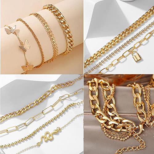 CONGYING 46 Pcs Gold Jewelry Set with 11Pcs Necklace, 11 Pcs anklet and 18 Pcs Earring Ear Cuff,6Hoop Earrings for Women Fashion Indie Costume Jewerly Pack for Friendship Party Gift