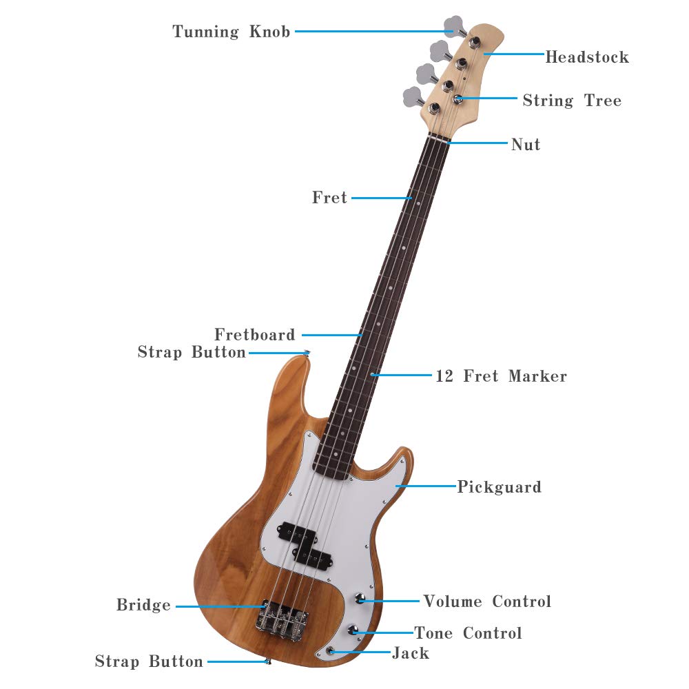 Vasitelan Electric Bass Guitar Full Size 4 String 46 Inch Bass (Burly Wood)