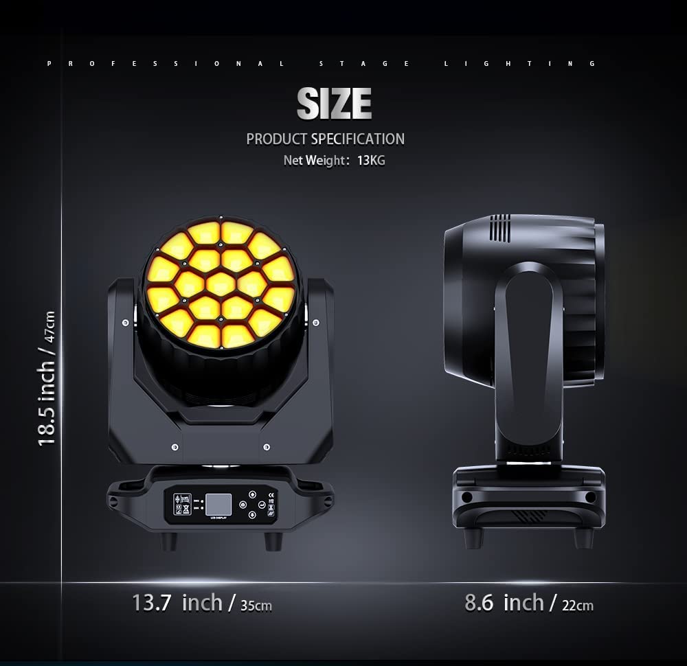 SHEHDS Moving Head Lights LED 19X20W Beam/Wash/Zoom/Dazzle/Strobe Effect RGBW 4in1 Big Bee Eye Stage Lights 4-45°Beam Angle CTO Mode DMX Control Professional DJ Lights for Christmas Club Wedding