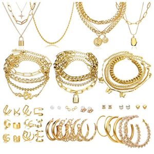 CONGYING 46 Pcs Gold Jewelry Set with 11Pcs Necklace, 11 Pcs anklet and 18 Pcs Earring Ear Cuff,6Hoop Earrings for Women Fashion Indie Costume Jewerly Pack for Friendship Party Gift