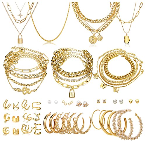 CONGYING 46 Pcs Gold Jewelry Set with 11Pcs Necklace, 11 Pcs anklet and 18 Pcs Earring Ear Cuff,6Hoop Earrings for Women Fashion Indie Costume Jewerly Pack for Friendship Party Gift