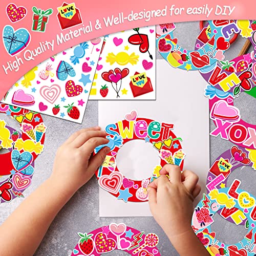 chiazllta 24 Pcs Valentine's Day Wreath Craft for Kids, Preschool DIY Valentines Paper Art Craft Kit with Hearts Stickers Bulk Classroom Home Indoor Game Activities