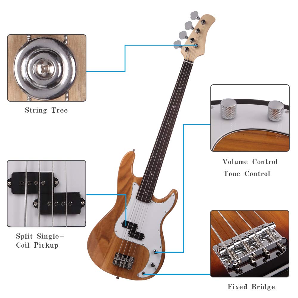 Vasitelan Electric Bass Guitar Full Size 4 String 46 Inch Bass (Burly Wood)