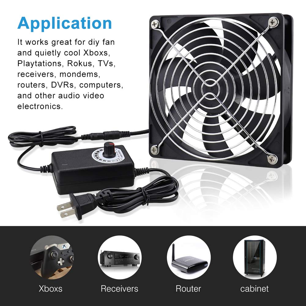 Wathai 120mm 140mm 5 inch AC Powered Fan 12V with 110V - 240V Variable Speed Controller AC Plug for DIY Biltong Box Reptile Aquarium Receiver DVR Playstation Xbox Computer Cabinet Cooling 2 Pack