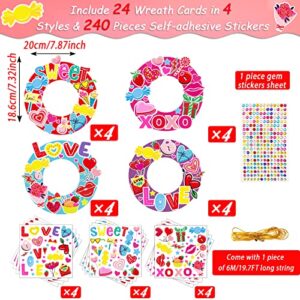 chiazllta 24 Pcs Valentine's Day Wreath Craft for Kids, Preschool DIY Valentines Paper Art Craft Kit with Hearts Stickers Bulk Classroom Home Indoor Game Activities