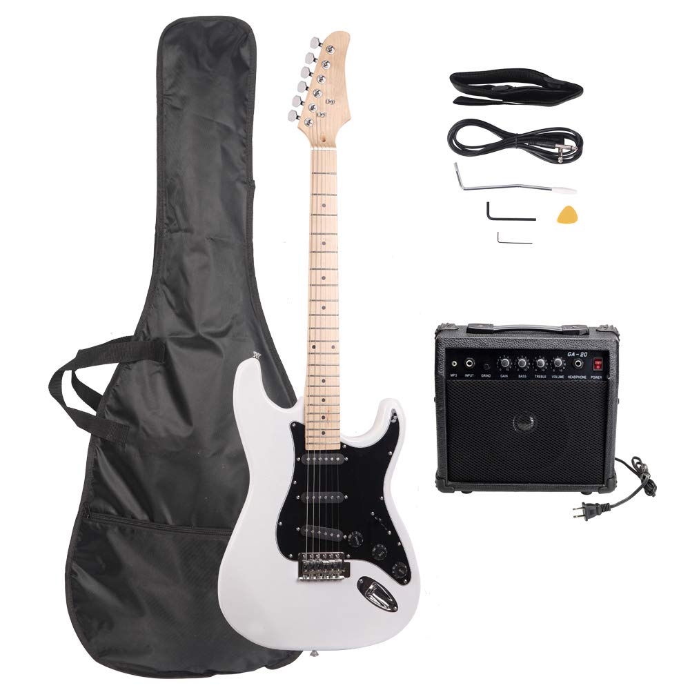 Vasitelan Electric Guitar 39" Complete Beginner Starter kit Full Size with 20w Amp,w/Strap,Bag,Guitar Amplifier,Power Wire,Plectrum,Tremolo Bar (White)