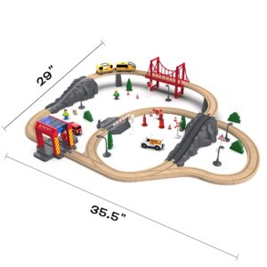 72PCS Wooden Fire Station Train Sets+2PCS Battery Operated Action Locomotive-Fits Thomas, Brio, IKEA, Melissa