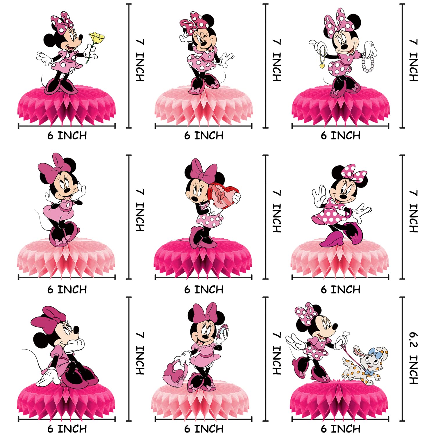 9Pcs Minnie Birthday Party Supplies for Mouse,Minnie Honeycomb Centerpieces,Minnie Theme 3D Table Decorations