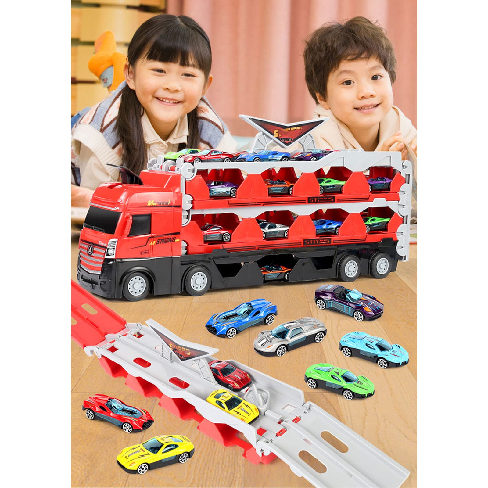 Mega Hauler Truck with Ejection Race Track, Kids Deform Catapulting and Shooting Big Truck Folding Storage Transporter Toy, Toy Truck Transporter Car Carrier for Kids 3+ Years Old (24 Car)