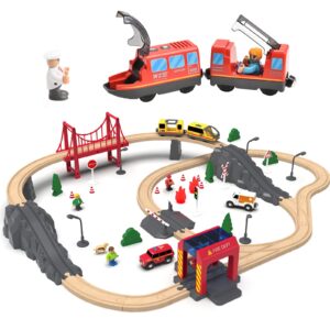 72pcs wooden fire station train sets+2pcs battery operated action locomotive-fits thomas, brio, ikea, melissa