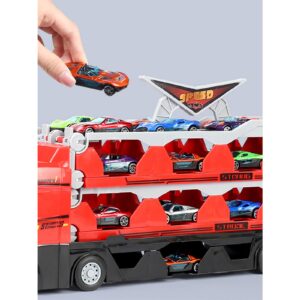 Mega Hauler Truck with Ejection Race Track, Kids Deform Catapulting and Shooting Big Truck Folding Storage Transporter Toy, Toy Truck Transporter Car Carrier for Kids 3+ Years Old (24 Car)