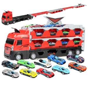 Mega Hauler Truck with Ejection Race Track, Kids Deform Catapulting and Shooting Big Truck Folding Storage Transporter Toy, Toy Truck Transporter Car Carrier for Kids 3+ Years Old (24 Car)