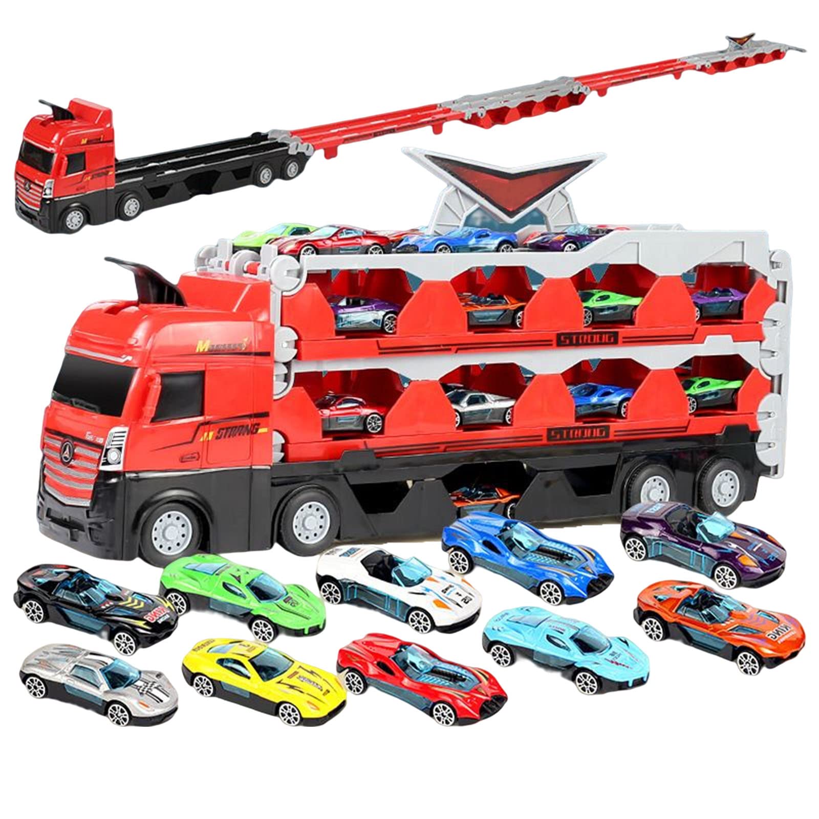 Mega Hauler Truck with Ejection Race Track, Kids Deform Catapulting and Shooting Big Truck Folding Storage Transporter Toy, Toy Truck Transporter Car Carrier for Kids 3+ Years Old (24 Car)