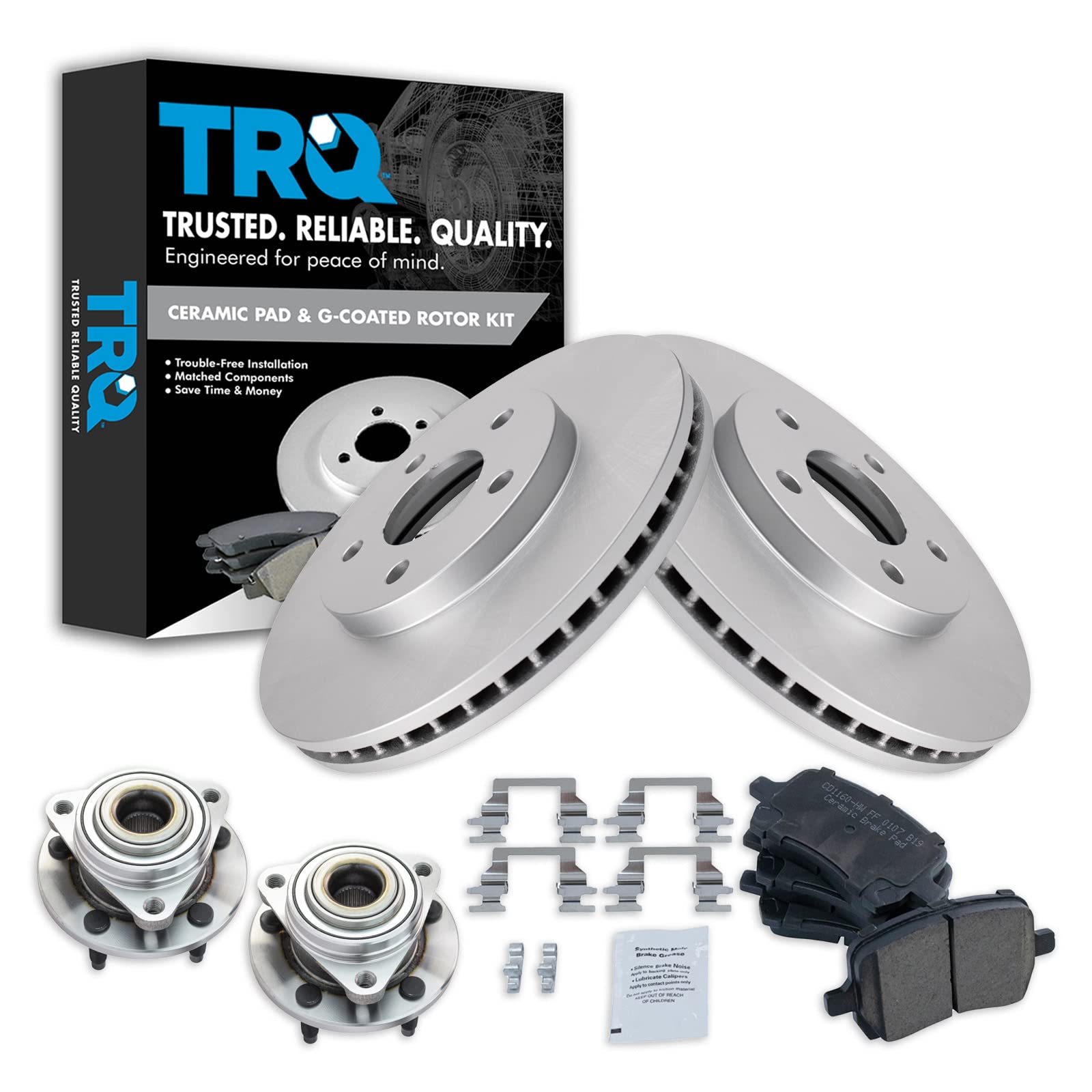 TRQ Front Brake Pad & Rotor Kit Brake Pads Brake Rotor Wheel Hub Bearing Assembly Ceramic Premium G-Coated Compatible with 2006-2008 Chevrolet HHR