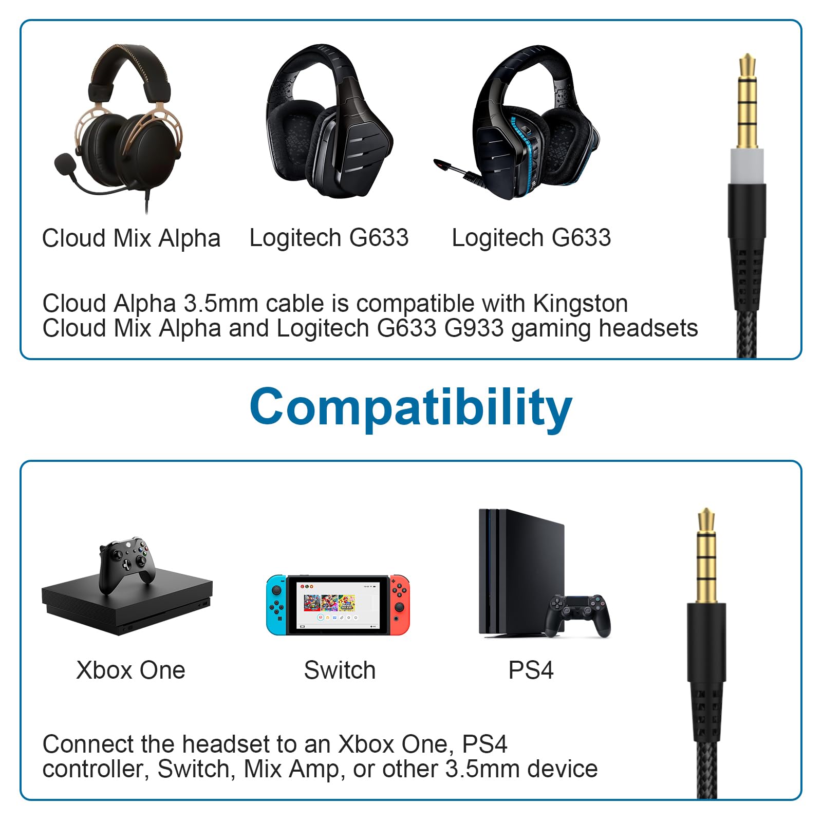 Cloud Alpha Cable with Mute & Volume Controls Compatible with HyperX Cloud Alpha, Cloud Mix, Cloud Flight, for Logitech G633 G635 G933 G935 Gaming Headset (No Mic, 6.5ft)