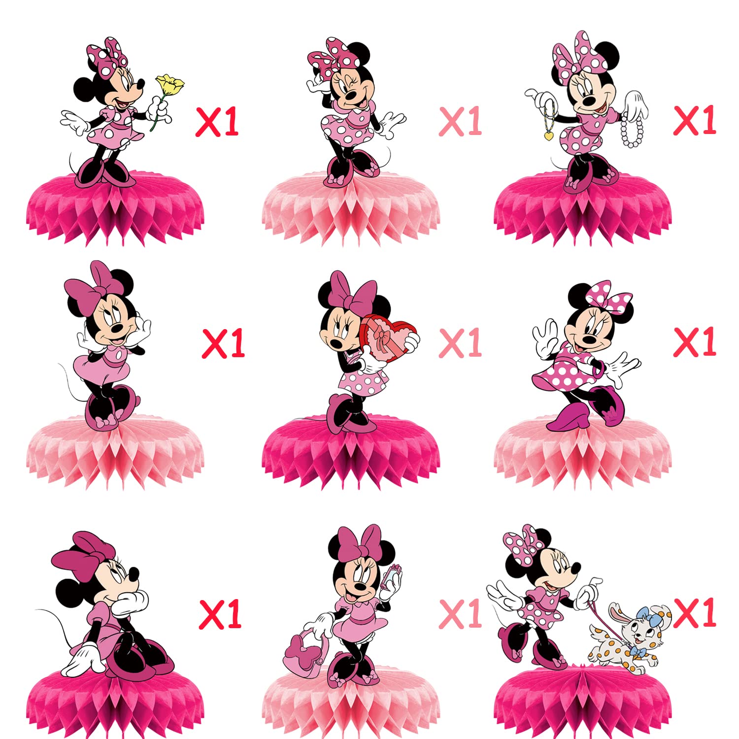 9Pcs Minnie Birthday Party Supplies for Mouse,Minnie Honeycomb Centerpieces,Minnie Theme 3D Table Decorations