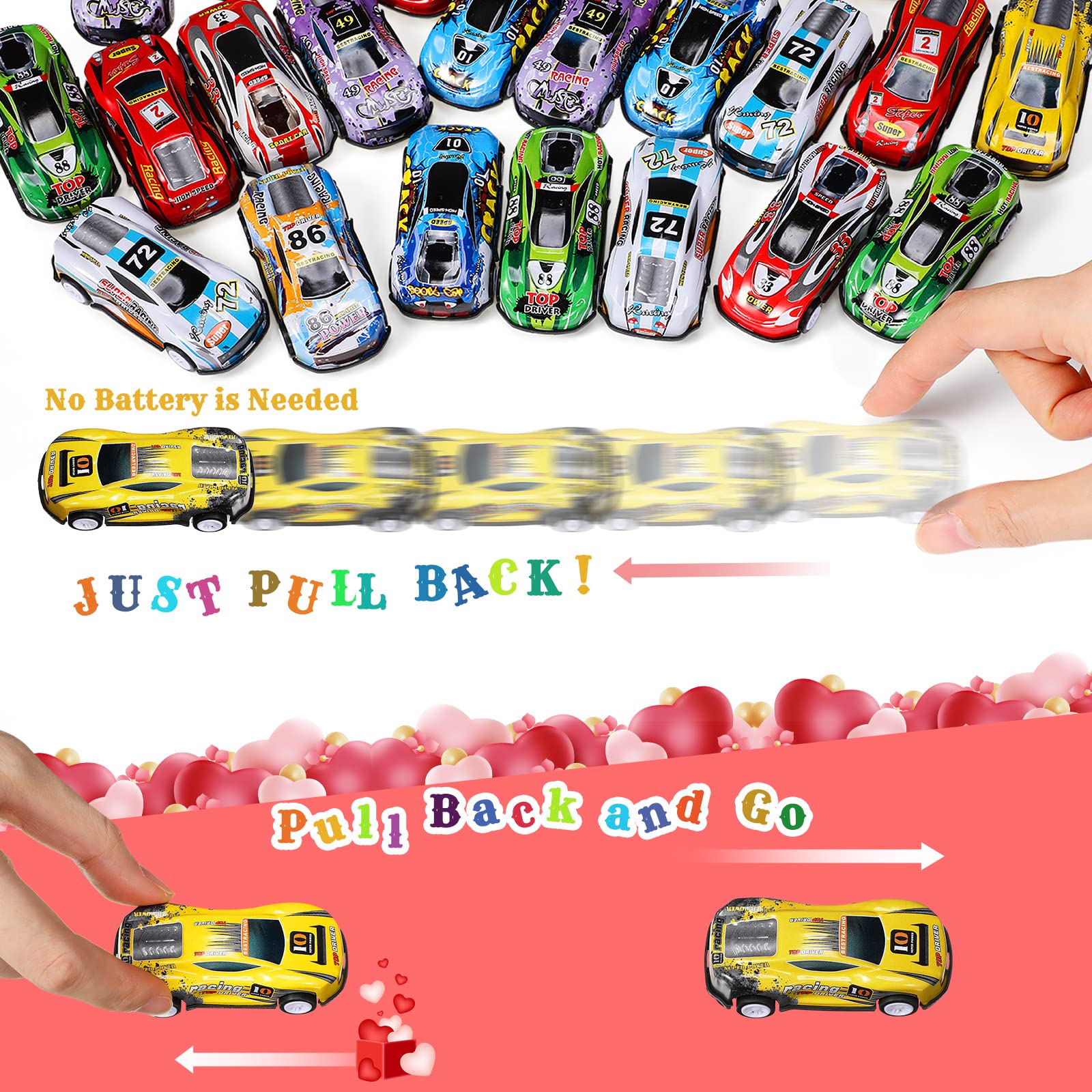 32 Pack Valentine's Day Gifts Cards with Die Cast Toy Cars Assorted Mini Pull Back Racing Plastic Vehicle Bulk for Kid School Classroom Exchange Party Favor Goodies Supplies Decor