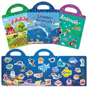 reusable sticker books for kids 3+ years old, toddler activity sticker book busy book travel toys for girls boys gift (farm, ocean and animals theme)