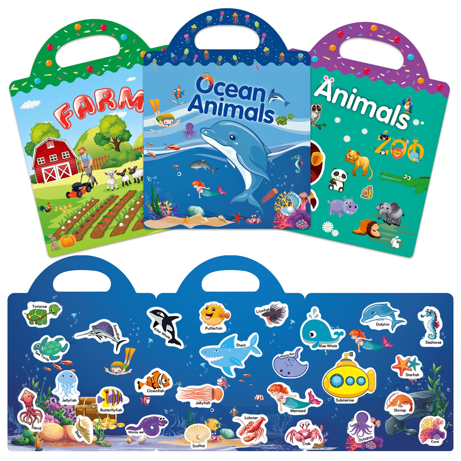 Reusable Sticker Books for Kids 3+ Years Old, Toddler Activity Sticker Book Busy Book Travel Toys for Girls Boys Gift (Farm, Ocean and Animals Theme)