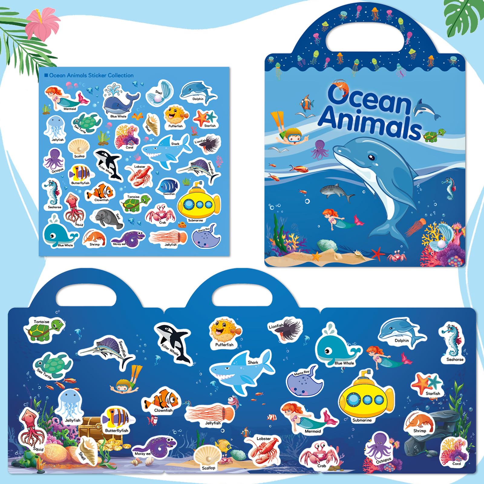 Reusable Sticker Books for Kids 3+ Years Old, Toddler Activity Sticker Book Busy Book Travel Toys for Girls Boys Gift (Farm, Ocean and Animals Theme)