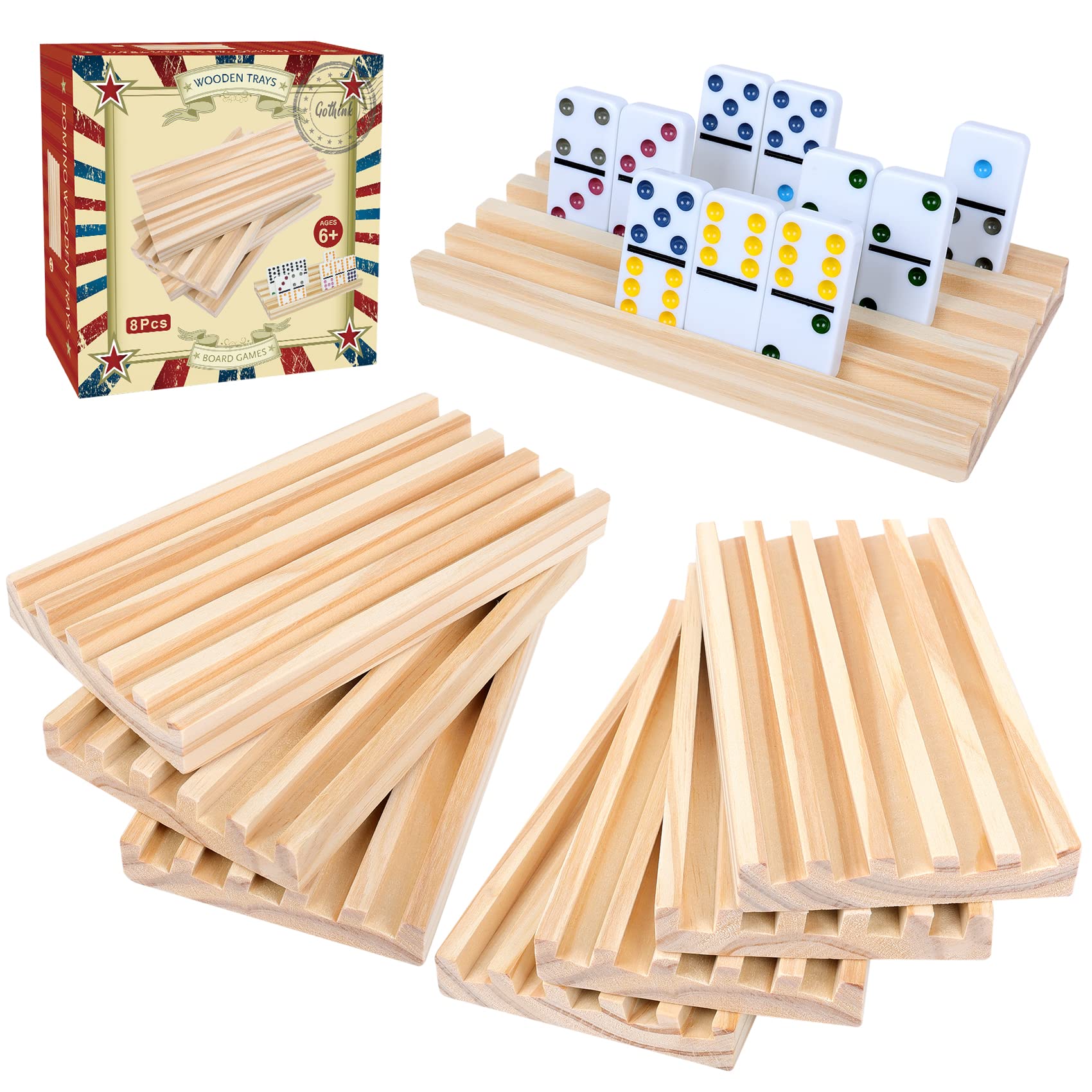 GOTHINK Wooden Domino Racks Set of 8 Trays for Mexican Train Dominoes Games Domino Tiles Holders Mexican Train Accessories for Adults & Kids - Dominoes NOT Included