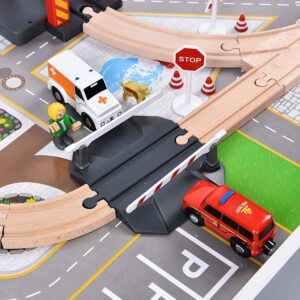 72PCS Wooden Fire Station Train Sets+2PCS Battery Operated Action Locomotive-Fits Thomas, Brio, IKEA, Melissa