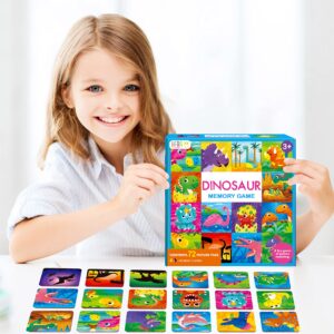 Hebayy Memory Matching Game, 72 PCS Dinosaurs Matching Cards for Toddlers 36 Pairs Memory Cards Educational Toys for Preschool 4 5 6 Years Old