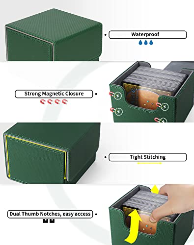 ZLCA Card Deck Box with 2 Dividers for MTG Cards, Large Horizontal Card Storage Box Fits 150+ Single Sleeved Cards, PU Leather Commander Deck box for TCG CCG (Green)