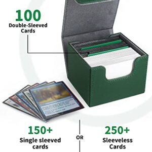 ZLCA Card Deck Box with 2 Dividers for MTG Cards, Large Horizontal Card Storage Box Fits 150+ Single Sleeved Cards, PU Leather Commander Deck box for TCG CCG (Green)