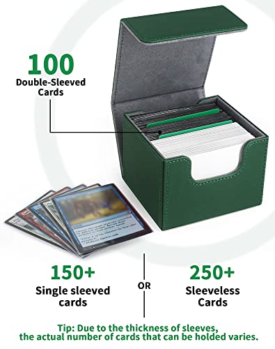 ZLCA Card Deck Box with 2 Dividers for MTG Cards, Large Horizontal Card Storage Box Fits 150+ Single Sleeved Cards, PU Leather Commander Deck box for TCG CCG (Green)