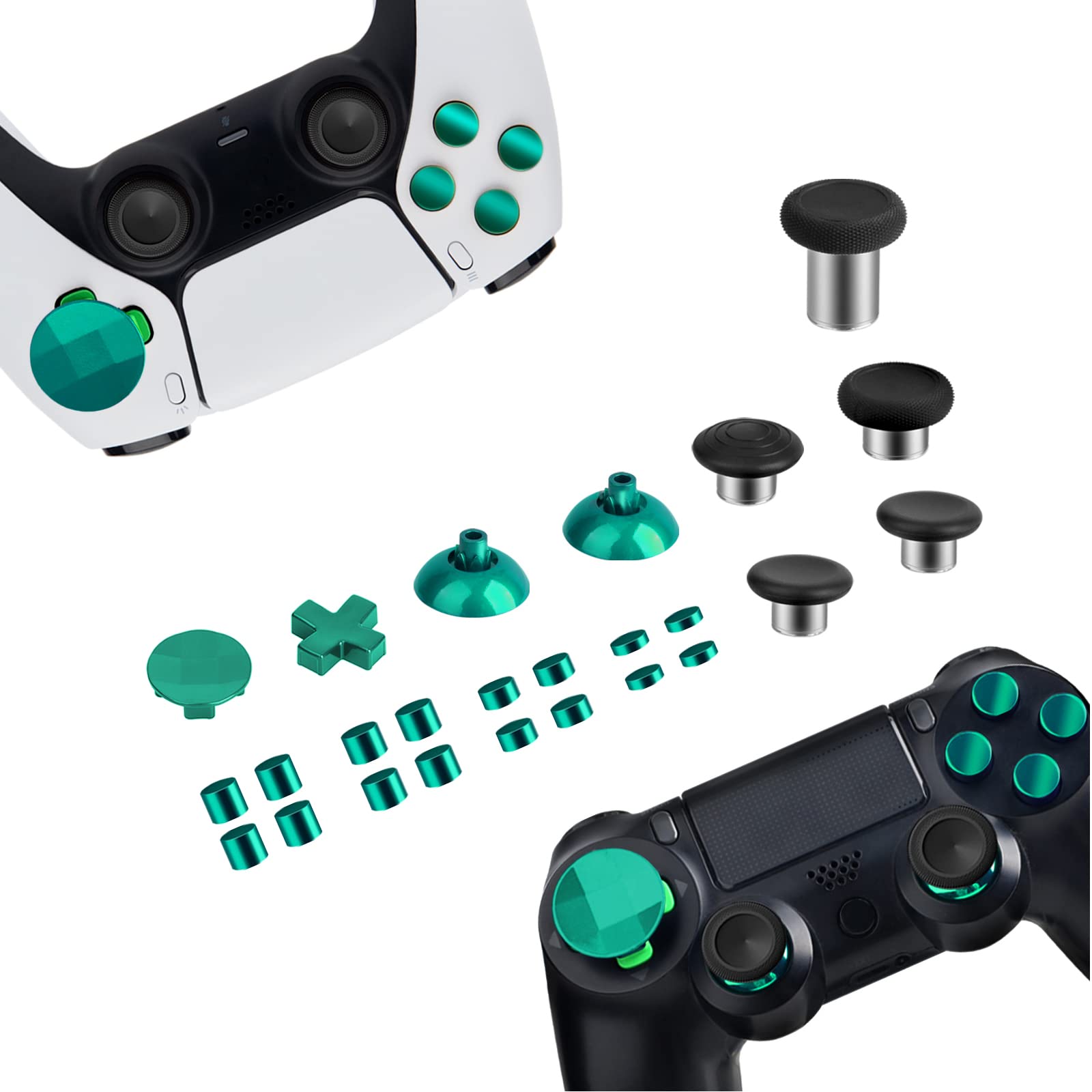 Magnetic Metal Buttons Accessories for PS4 PS5 Controller, Adjustable Height Thumbticks Replacement Parts for PS4 & PS5 controller,Includes Magnetic Base, Joysticks,Actinon Buttons & Dpad(Green)