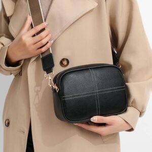 Camera Crossbody Bag for Women Genuine Leather Wide Strap Shoulder Bag Purse Trendy Design Camera Purse Crossbody Top Zip