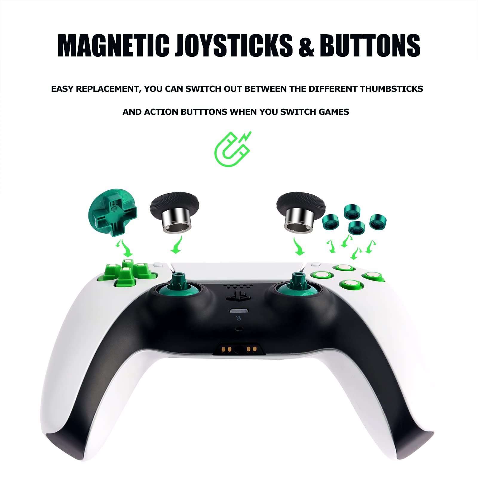 Magnetic Metal Buttons Accessories for PS4 PS5 Controller, Adjustable Height Thumbticks Replacement Parts for PS4 & PS5 controller,Includes Magnetic Base, Joysticks,Actinon Buttons & Dpad(Green)