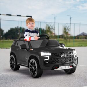 Costzon Ride on Car, 12V Licensed Chevrolet Tahoe Battery Powered Electric Vehicle w/ 2.4G Remote Control, High/Low Speed, Music, Lights, MP3/USB/FM, Spring Suspension, Electric SUV for Kids (Black)