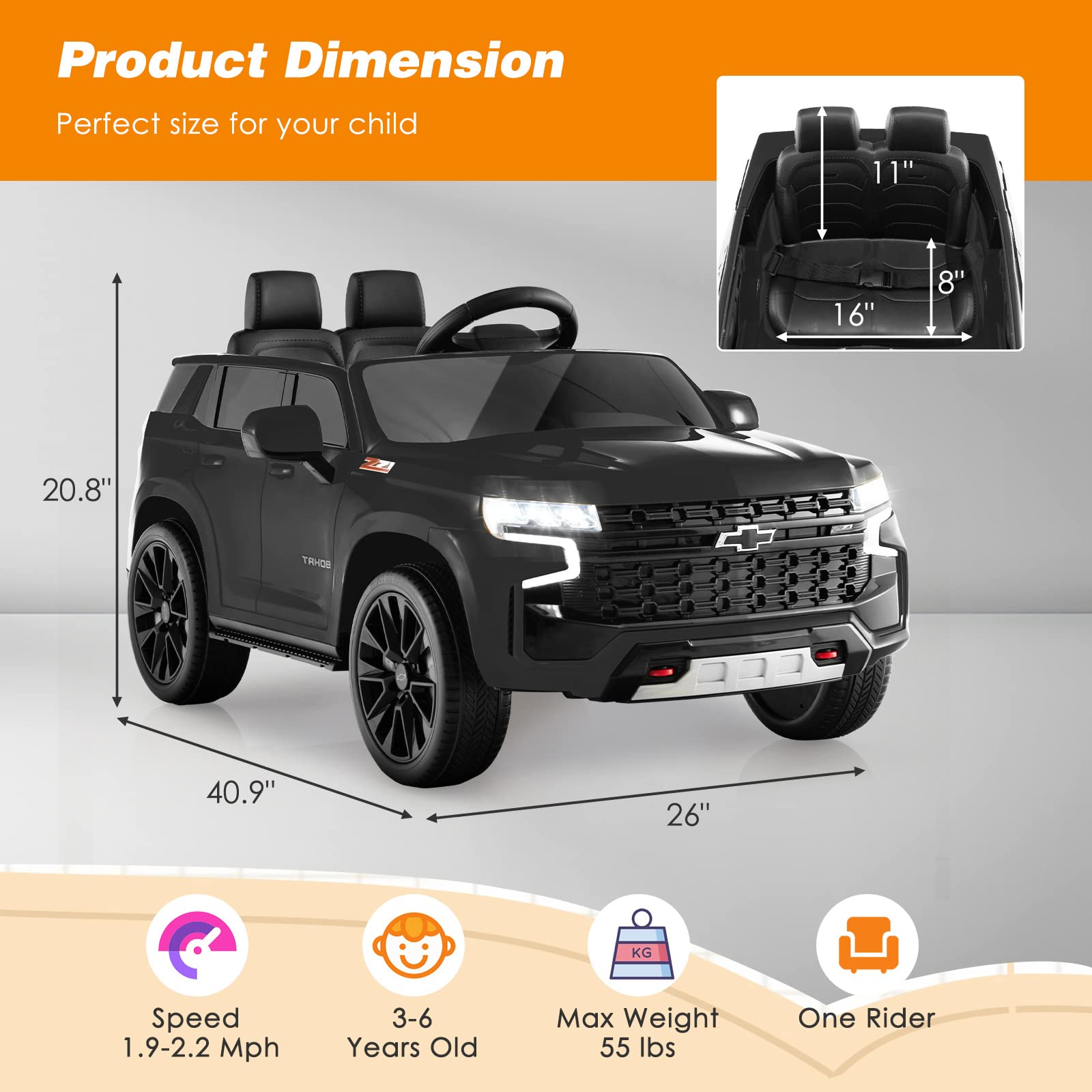 Costzon Ride on Car, 12V Licensed Chevrolet Tahoe Battery Powered Electric Vehicle w/ 2.4G Remote Control, High/Low Speed, Music, Lights, MP3/USB/FM, Spring Suspension, Electric SUV for Kids (Black)