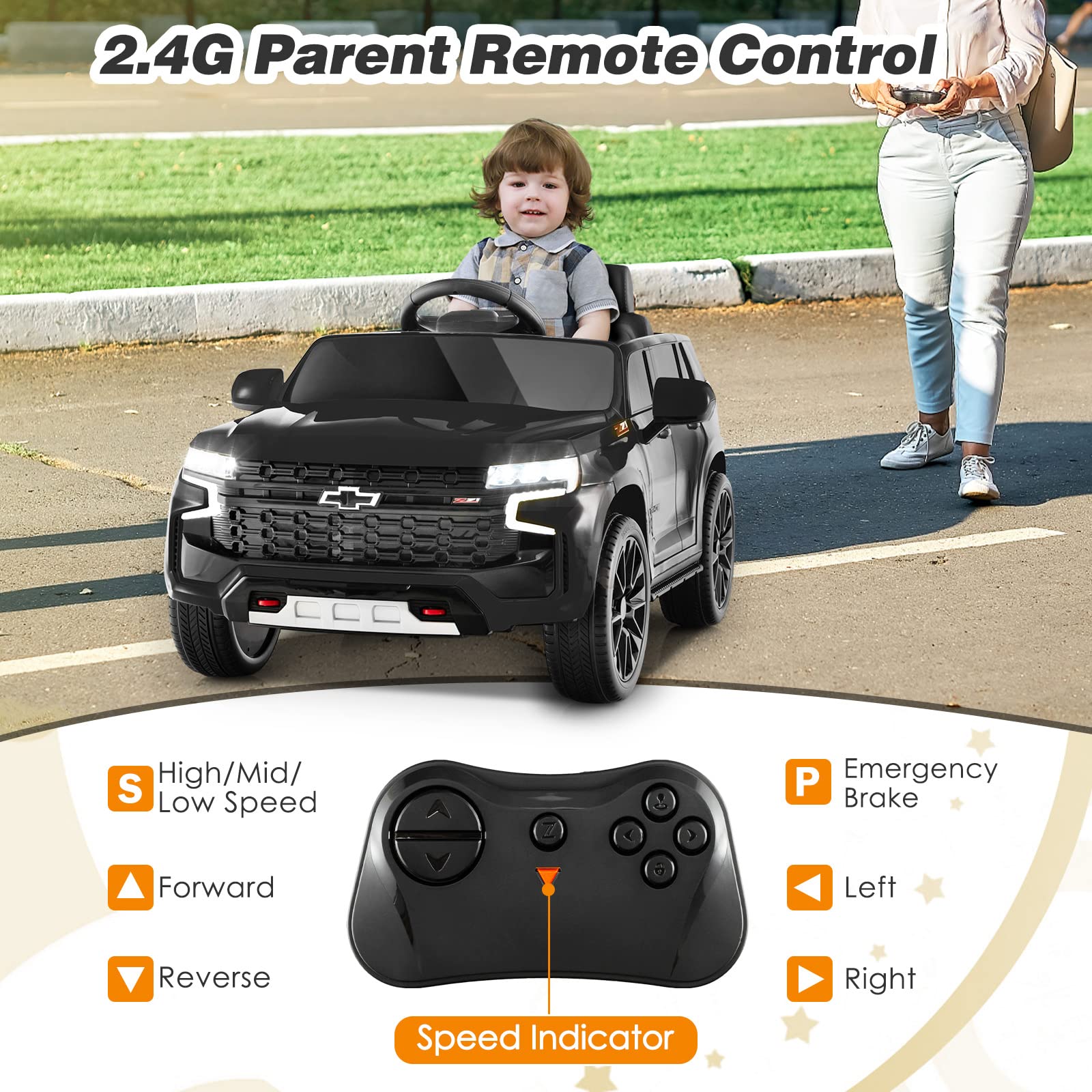 Costzon Ride on Car, 12V Licensed Chevrolet Tahoe Battery Powered Electric Vehicle w/ 2.4G Remote Control, High/Low Speed, Music, Lights, MP3/USB/FM, Spring Suspension, Electric SUV for Kids (Black)