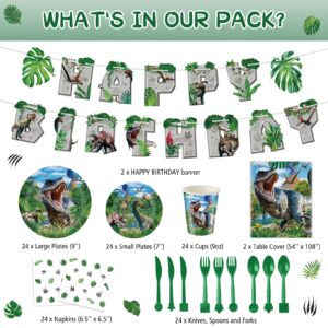 Tatuo 172 Pcs Dinosaur Birthday Party Supplies Dinosaur Theme Party Decoration Set Serve 24 Guests Include Tablecloth Tableware Plate Napkin Cup Happy Birthday Banner for Kids Party Decoration