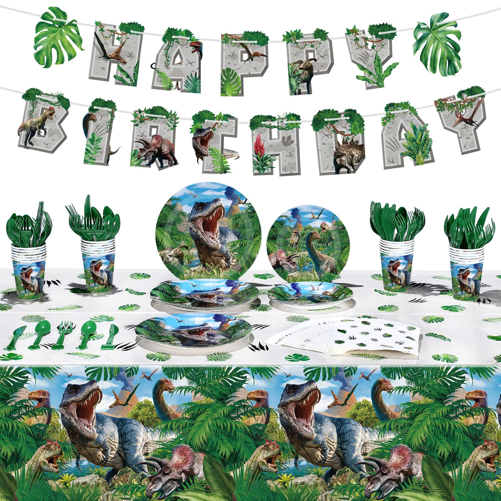 Tatuo 172 Pcs Dinosaur Birthday Party Supplies Dinosaur Theme Party Decoration Set Serve 24 Guests Include Tablecloth Tableware Plate Napkin Cup Happy Birthday Banner for Kids Party Decoration