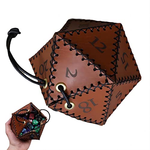 Taivoze Leather D20 Dice Bag, Polyhedral Dice Pouch Portable Drawstring Bag for RPG,Game,DND Dice Bag, Brown