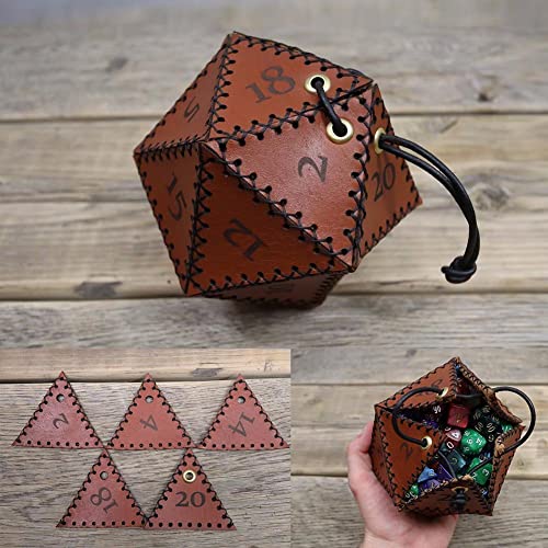 Taivoze Leather D20 Dice Bag, Polyhedral Dice Pouch Portable Drawstring Bag for RPG,Game,DND Dice Bag, Brown