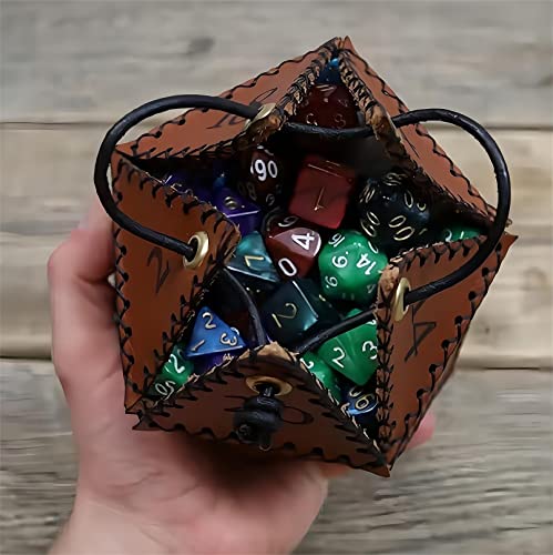 Taivoze Leather D20 Dice Bag, Polyhedral Dice Pouch Portable Drawstring Bag for RPG,Game,DND Dice Bag, Brown