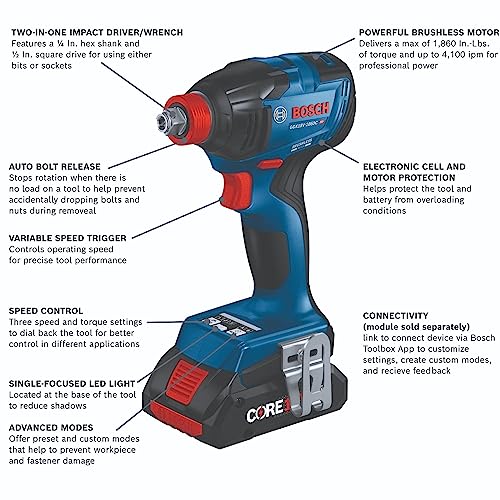 BOSCH GXL18V-260B26 18V 2-Tool Combo Kit with 1/2 In. Hammer Drill/Driver, 1/4 In. and 1/2 In. Two-In-One Bit/Socket Impact Driver, (1) CORE18V 8 Ah Battery and (1) CORE18V 4 Ah Battery