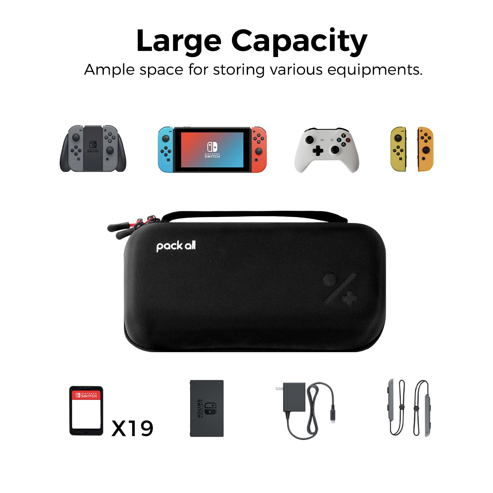 pack all Carrying Case Compatible with Nintendo Switch and New OLED Model, Large Capacity Switch Travel Case, Portable Hard Game Case Travel Bag for Console & Accessories, 19 Game Card Slots (Black)