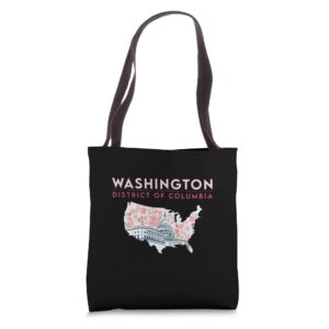 washington capitol building with cherry blossom in us map tote bag