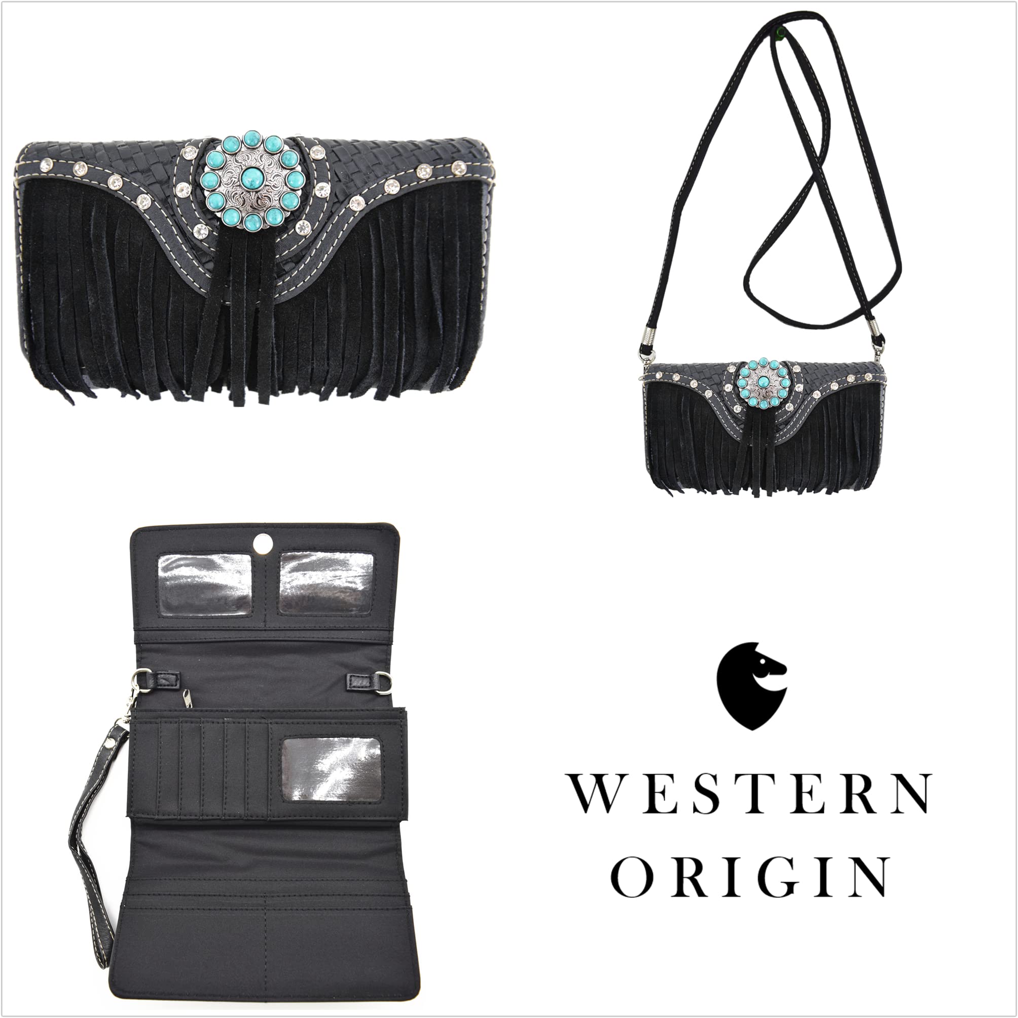 Western Style Fringe Leather Concealed Carry Purse Country Handbag Women Shoulder Bag Crossbody Wallet Set Black