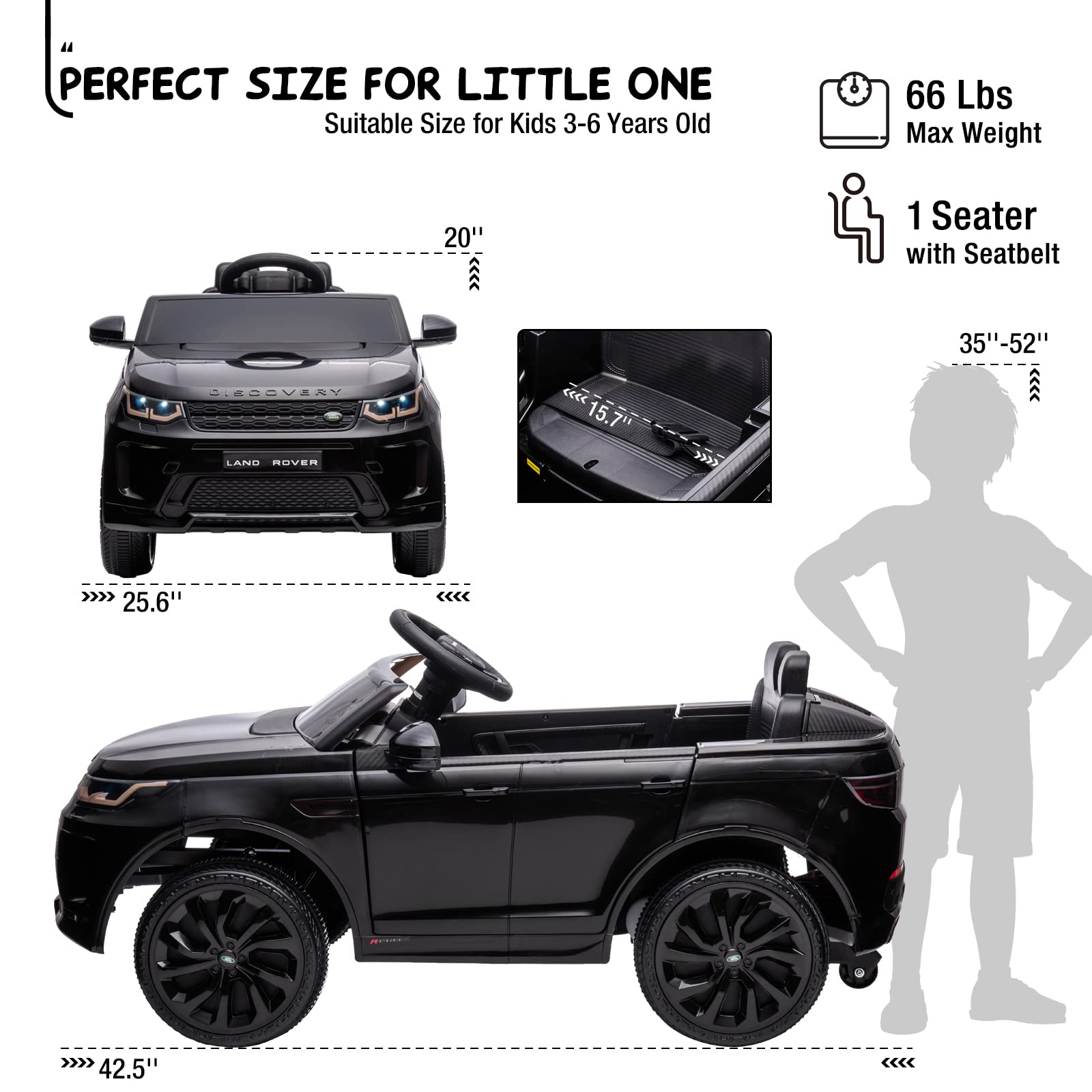 JOINATRE Licensed Land Rover Ride On Car, 12V Battery Powered Electric Vehicle w/Parent Remote Control, LED Light, Horn, Music Bluetooth, Gift for Boys Girls (Black)