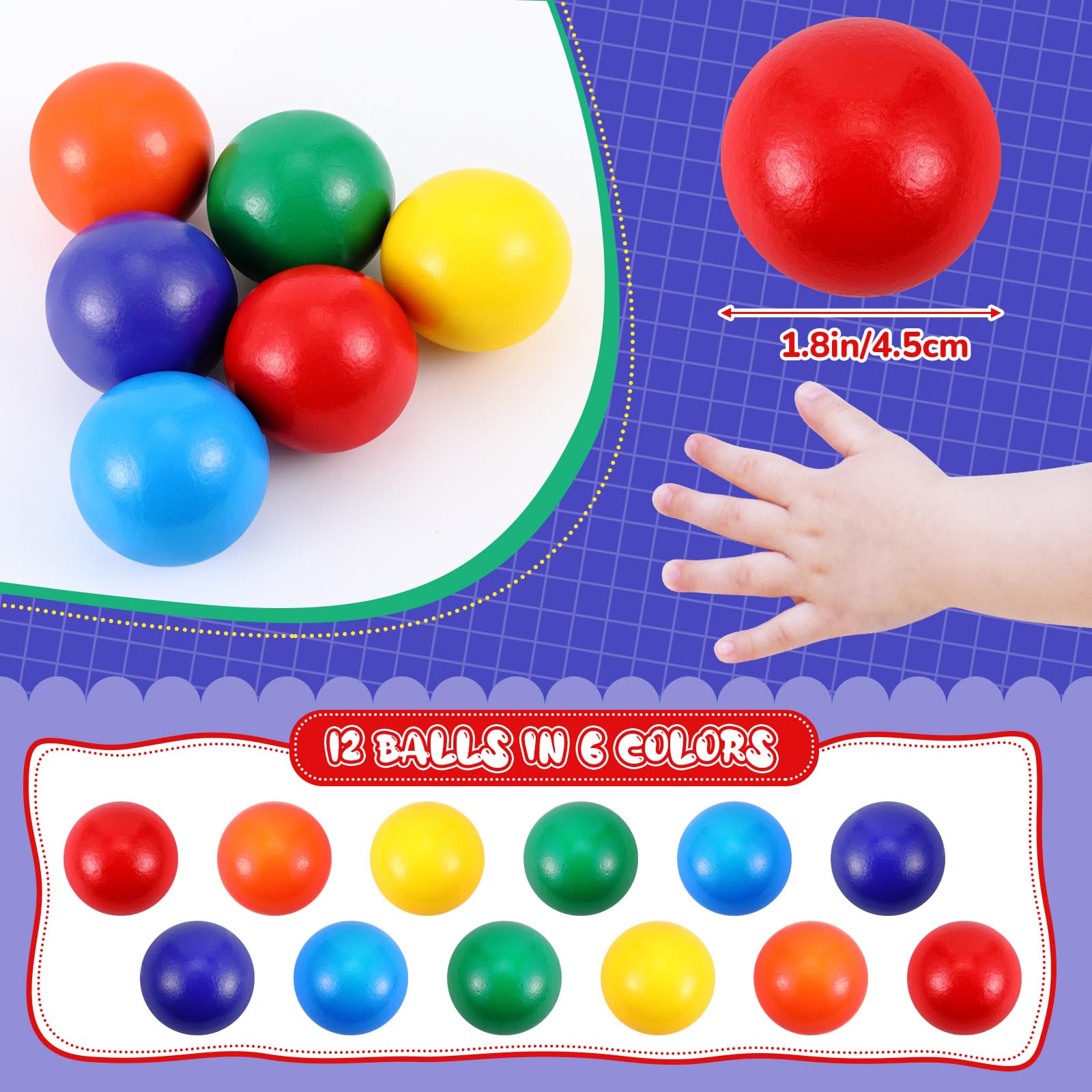 Bucherry 12 Pcs Montessori Wooden Balls 1.8 Inch Wooden Ball Toys Replacement Ball Educational Counting Toy Preschool Learning Material for Montessori Ball (Mixed Color)