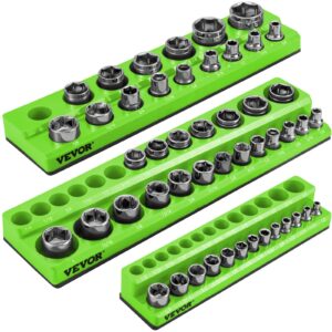 vevor 3-pack sae magnetic socket organizers, 1/4", 3/8", 1/2" magnetic socket holder hold 68 sockets, green tool box organizer for sockets storage